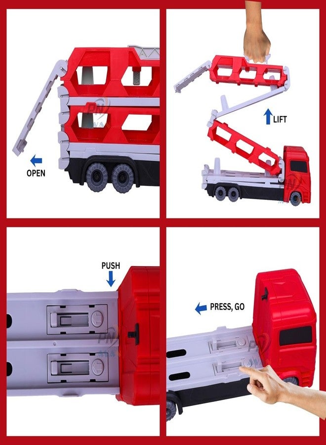 PN AVAN Big Hauler Storage & Deform Transport Truck Toy with 2 Foldable Ejection Race Track & 2 Pcs Die cast Cars for Kids (Big Hauler Red) - Image 4